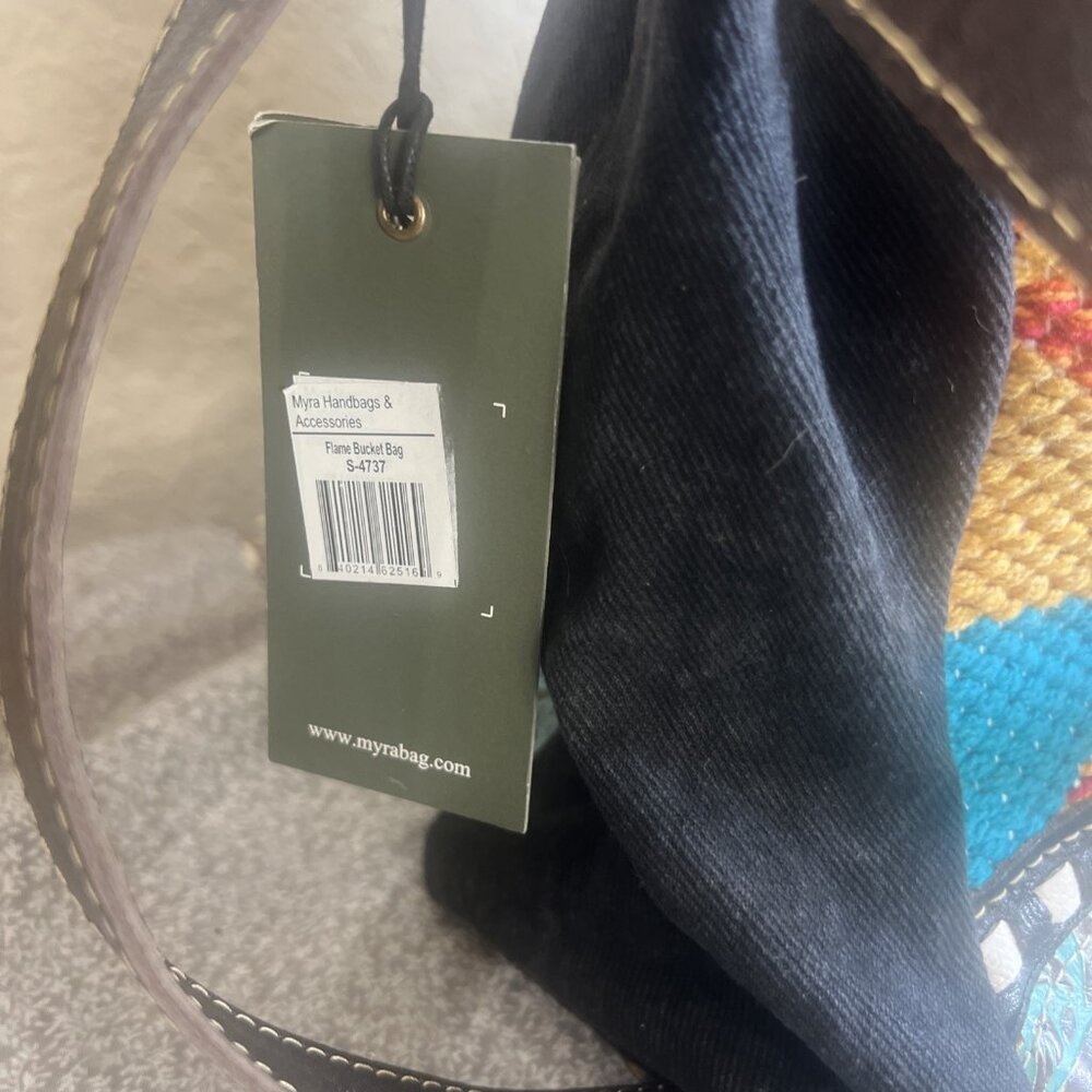 Myra Bag Handmade Bohemian Western Bucket Bag Upcycled Canvas & Cowhide Leather - Picture 2 of 16